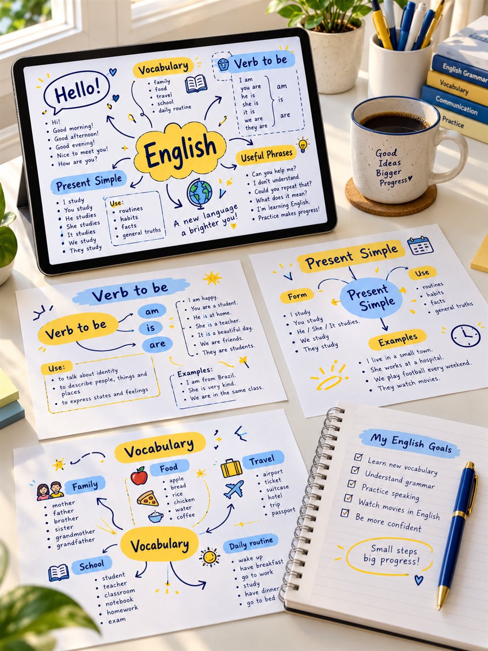 Mapas mentais de inglês ilustrados sobre a mesa de estudos